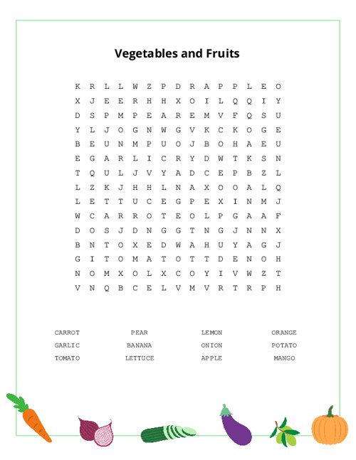 Vegetables and Fruits Word Search Puzzle