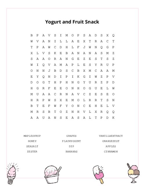 Yogurt and Fruit Snack Word Search Puzzle