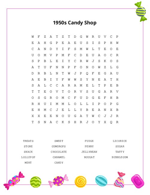 1950s Candy Shop Word Search Puzzle