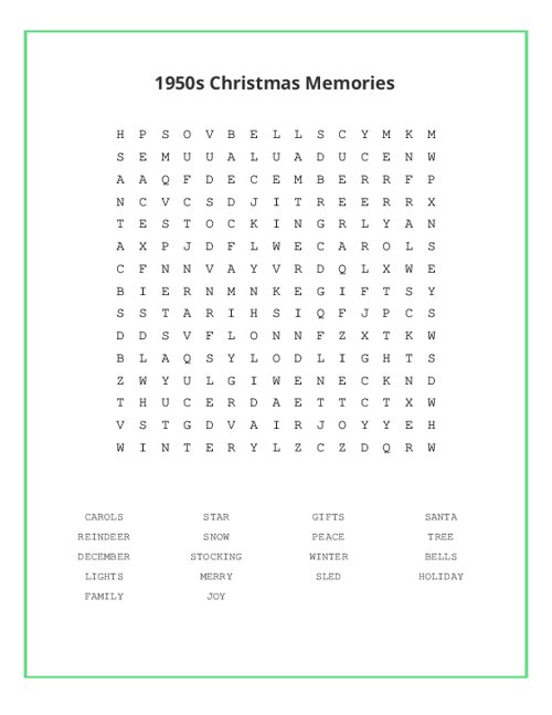 1950s Christmas Memories Word Search Puzzle