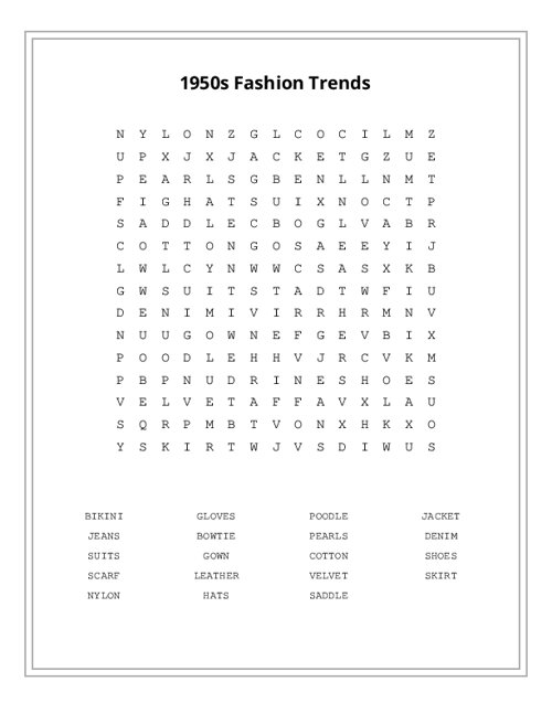 1950s Fashion Trends Word Search Puzzle