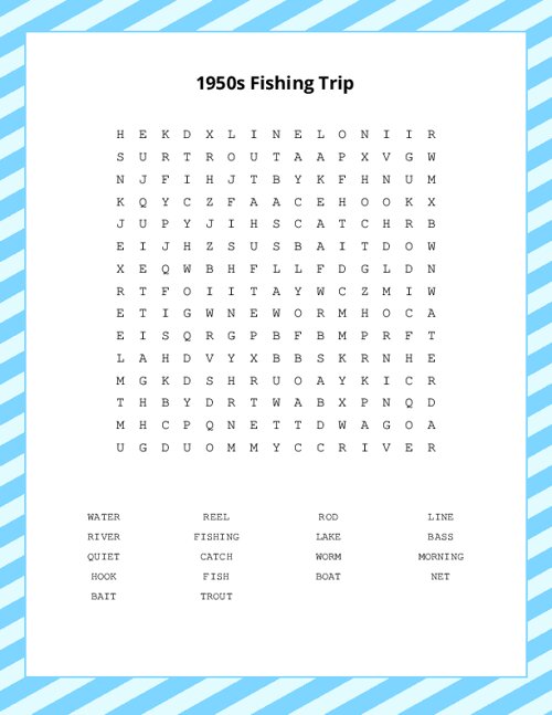 1950s Fishing Trip Word Search Puzzle