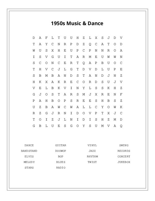 1950s Music & Dance Word Search Puzzle