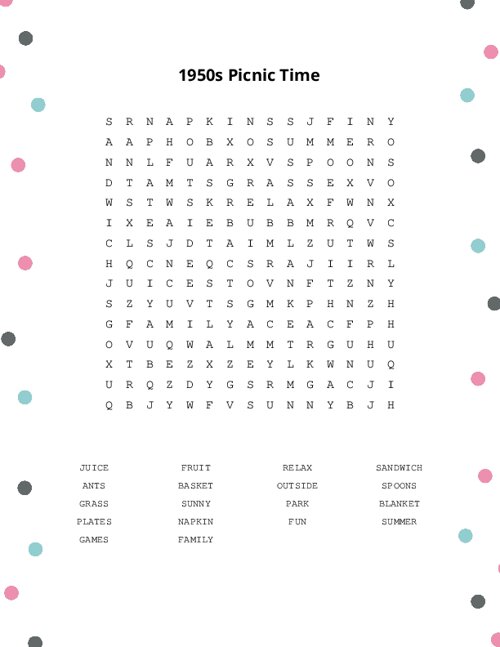 1950s Picnic Time Word Search Puzzle