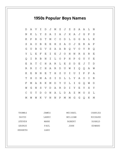 1950s Popular Boys Names Word Search Puzzle