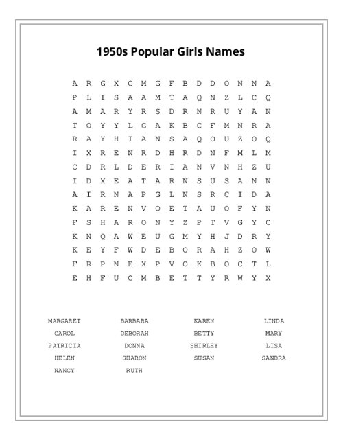 1950s Popular Girls Names Word Search Puzzle