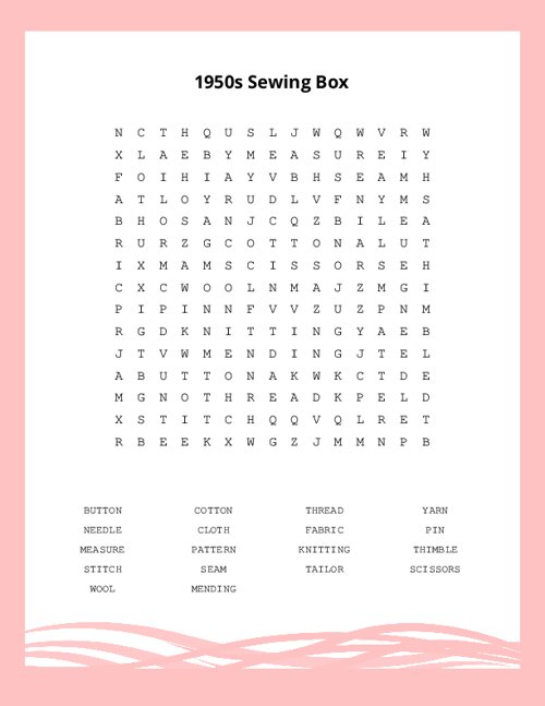 1950s Sewing Box Word Search Puzzle