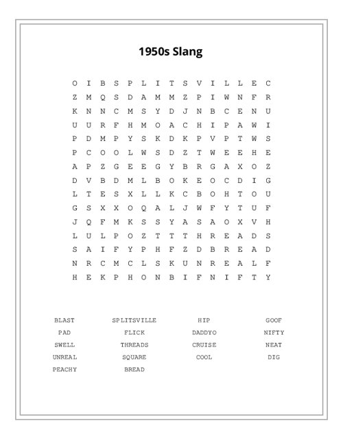 1950s Slang Word Search Puzzle
