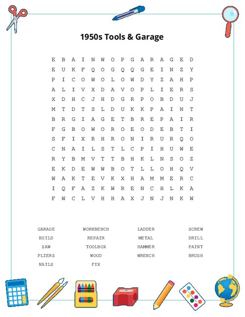 1950s Tools & Garage Word Search Puzzle