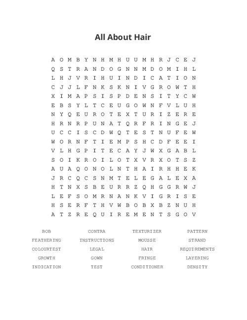 All About Hair Word Search Puzzle