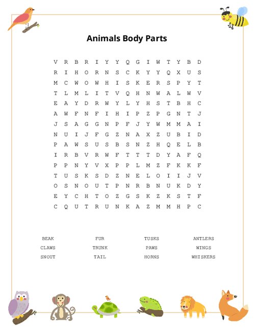 Animals Body Parts Word Search Puzzle