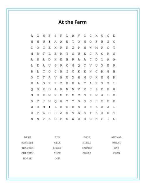 At the Farm Word Search Puzzle