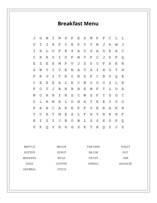 Breakfast Menu Word Search Puzzle