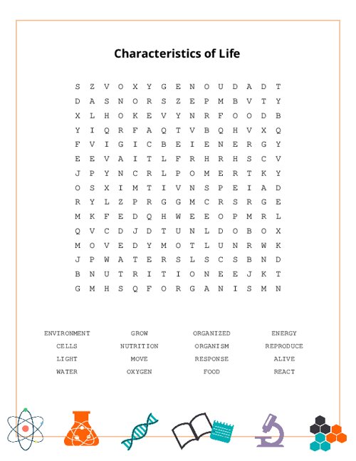 Characteristics of Life Word Search Puzzle