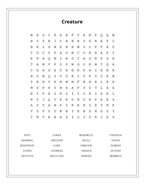 Creature Word Search Puzzle