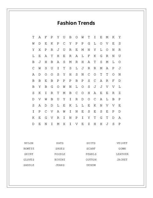 Fashion Trends Word Search Puzzle
