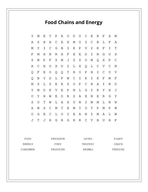 Food Chains and Energy Word Search Puzzle