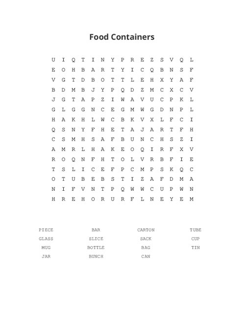 Food Containers Word Search Puzzle