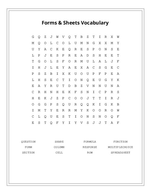 Forms & Sheets Vocabulary Word Search Puzzle