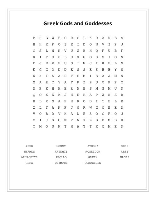 Greek Gods and Goddesses Word Search Puzzle