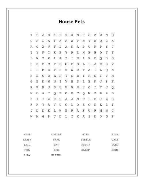 House Pets Word Search Puzzle