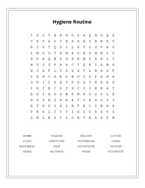 Hygiene Routine Word Search Puzzle