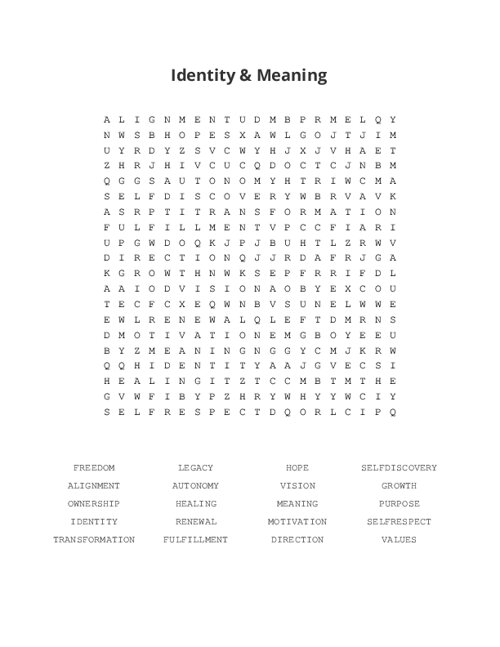 Identity & Meaning Word Search Puzzle