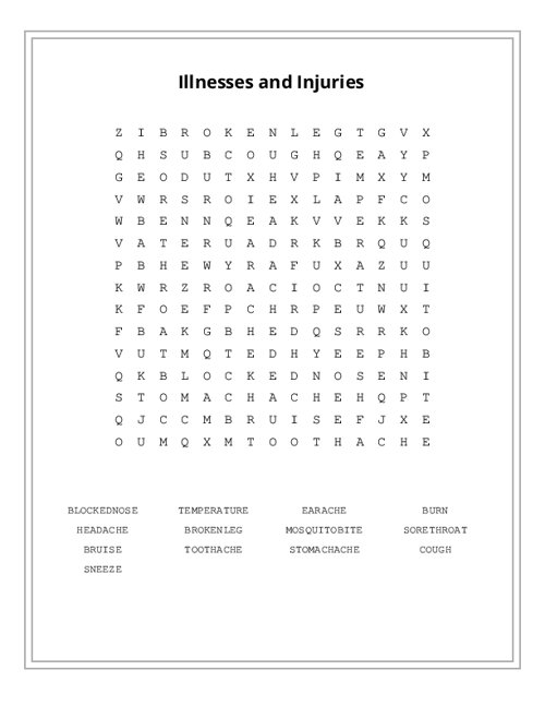 Illnesses and Injuries Word Search Puzzle