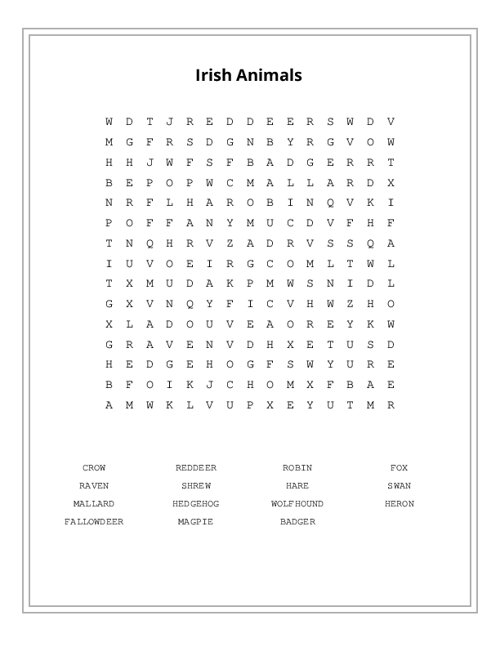 Irish Animals Word Search Puzzle