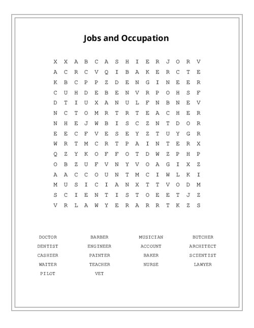 Jobs and Occupation Word Search Puzzle
