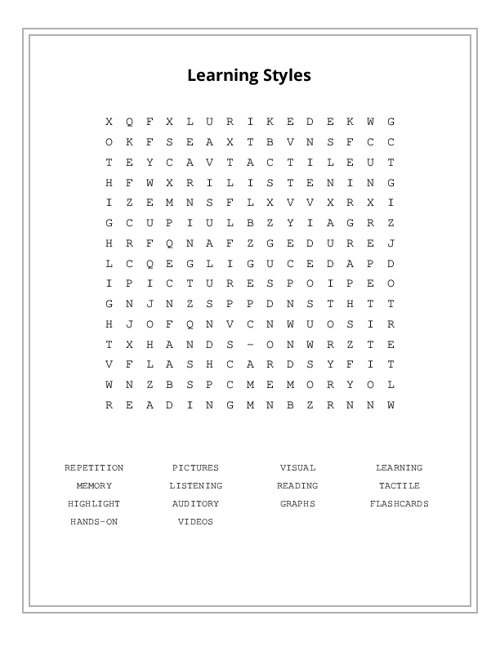 Learning Styles Word Search Puzzle