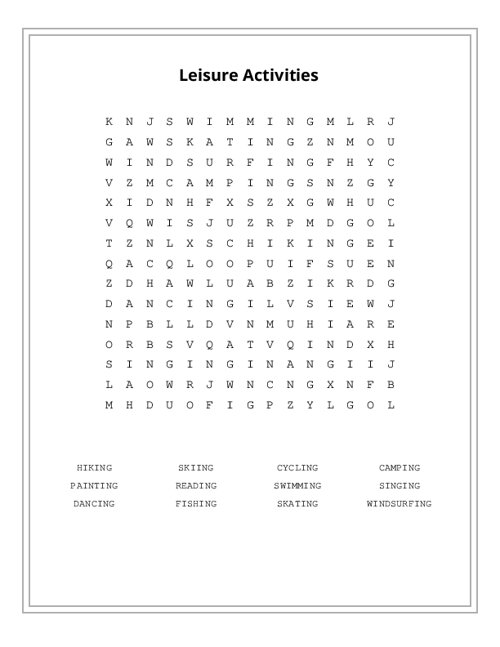 Leisure Activities Word Search Puzzle