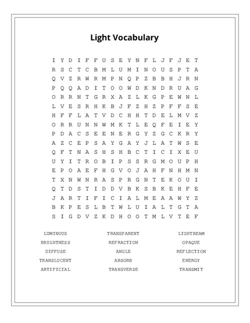 Light Vocabulary Word Search Puzzle