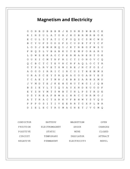 Magnetism and Electricity Word Search Puzzle