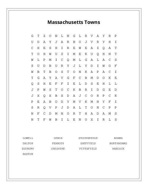 Massachusetts Towns Word Search Puzzle