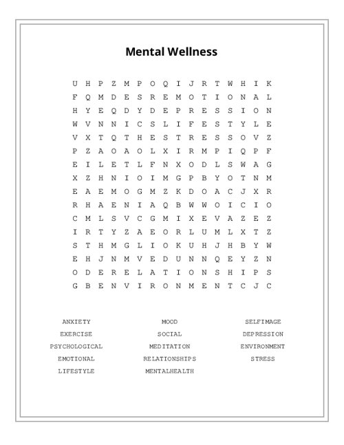 Mental Wellness Word Search Puzzle