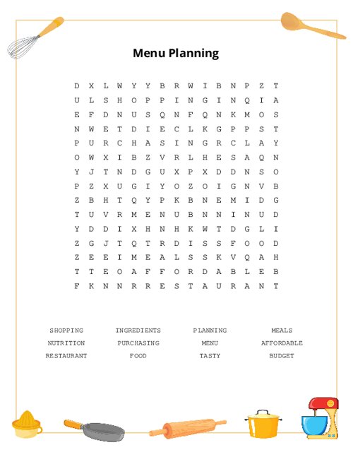 Menu Planning Word Search Puzzle