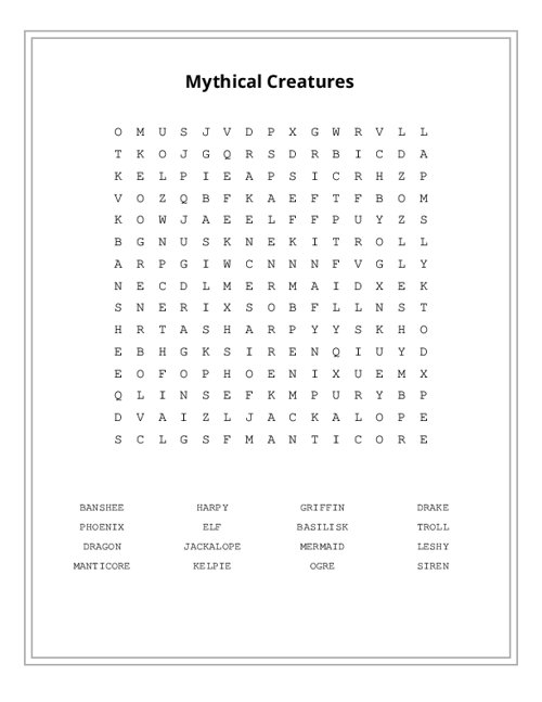 Mythical Creatures Word Search Puzzle
