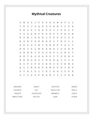 Mythical Creatures Word Scramble Puzzle