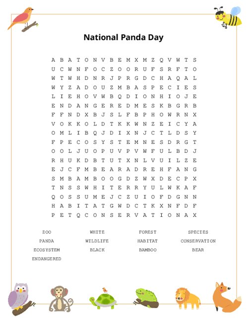 National Panda Day Word Search Puzzle