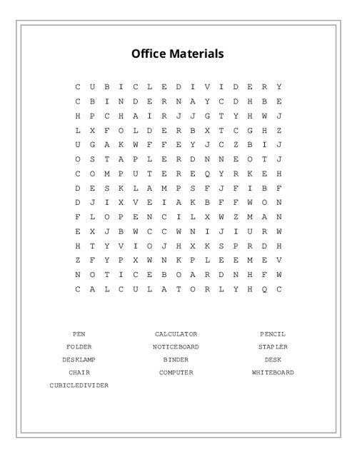 Office Materials Word Search Puzzle