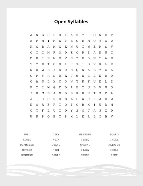 Open Syllables Word Search Puzzle