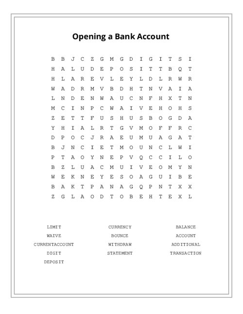 Opening a Bank Account Word Search Puzzle