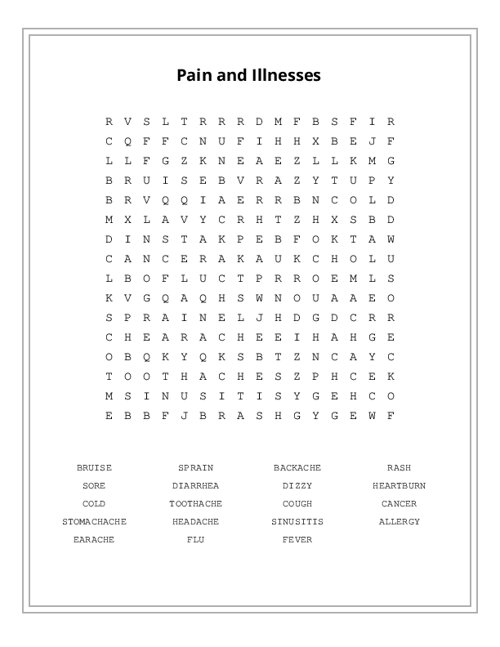 Pain and Illnesses Word Search Puzzle