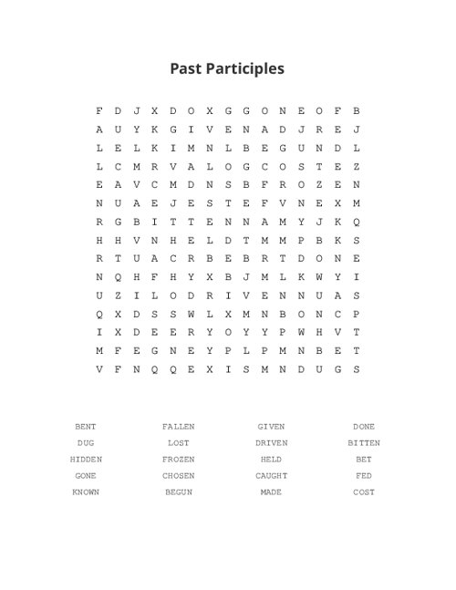 Past Participles Word Search Puzzle