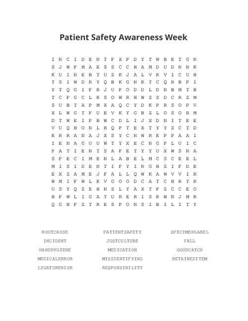 Patient Safety Awareness Week Word Search Puzzle