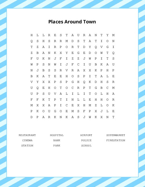 Places Around Town Word Search Puzzle