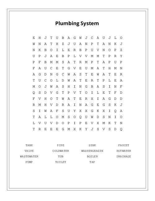 Plumbing System Word Search Puzzle