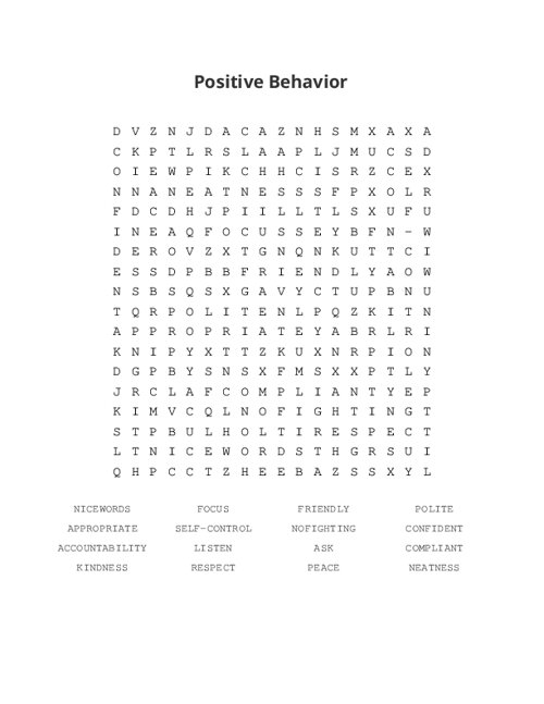 Positive Behavior Word Search Puzzle