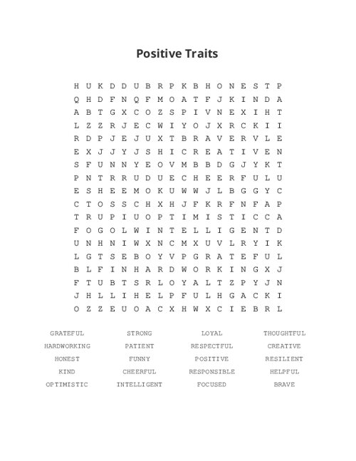 Positive Traits Word Search Puzzle